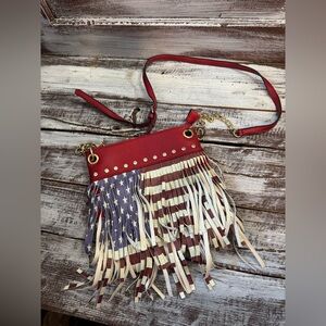 Red Fringe Crossbody Bag with American Flag Detail
